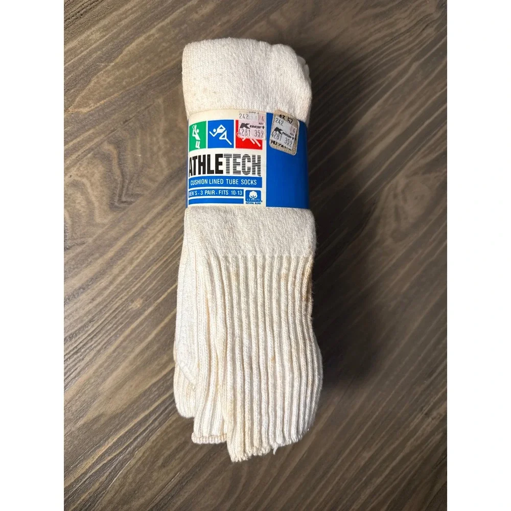 Vintage NOS Athletech Tube Socks Mens 10-13 White‎ Kmart 3 Pair Ribbed USA Made